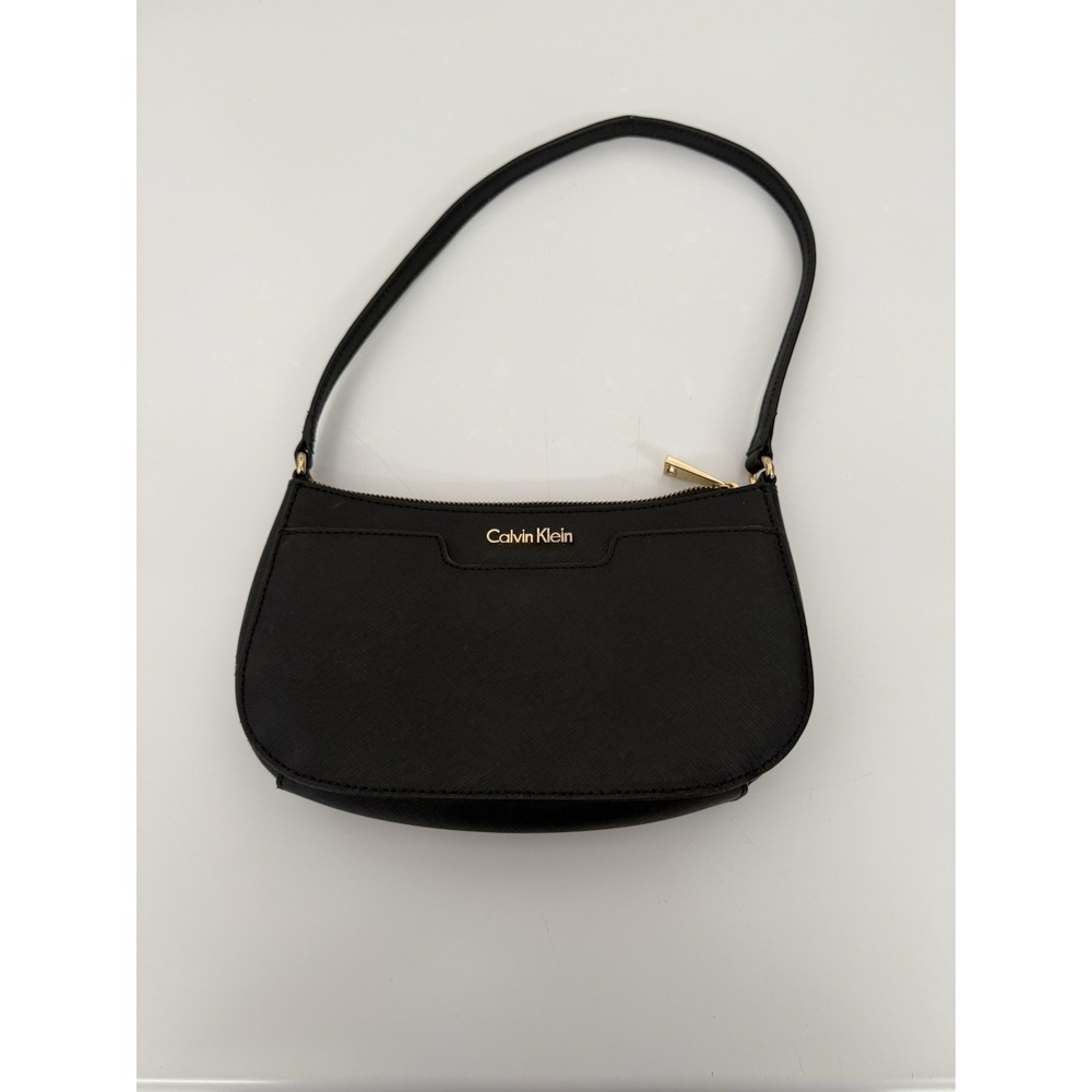 Calvin Klein Black Saffiano Leather Small Shoulder Bag Y2K Hobo Purse Gold HW
